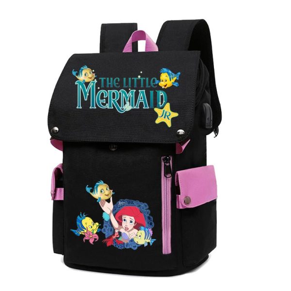 18 Inch The Little Mermaid USB Backpack School Bag Yellow Black Red Blue Pink - Image 2