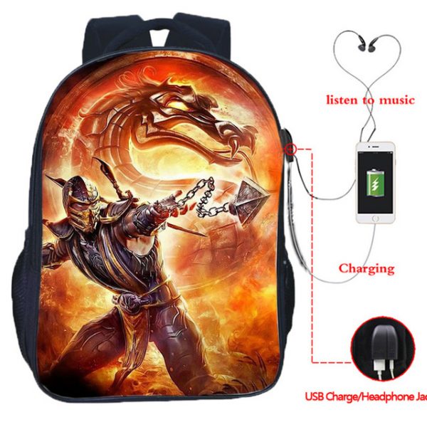 Scorpion In Mortal Kombat X USB Charge Backpack Mega Charizard Split Students Boys Girls Knapsack Men Women Travel Laptop Rucksack