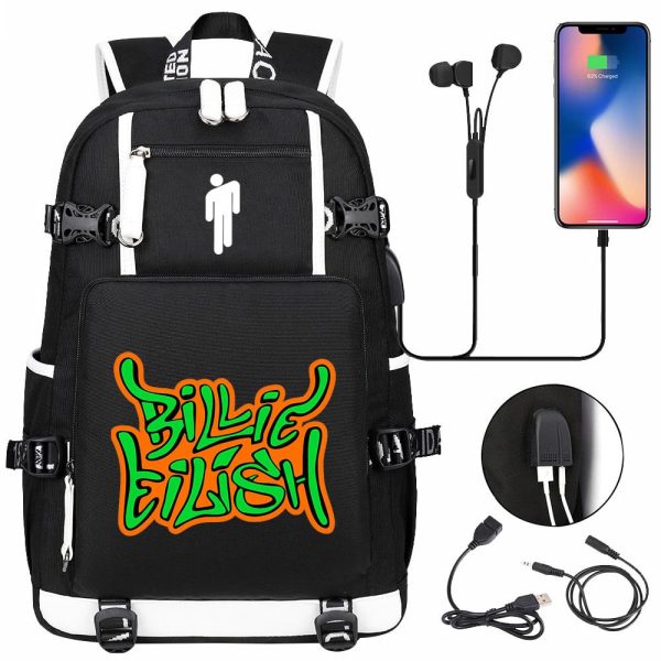 Billie Eilish USB headset youth student schoolbag men and women travel backpack