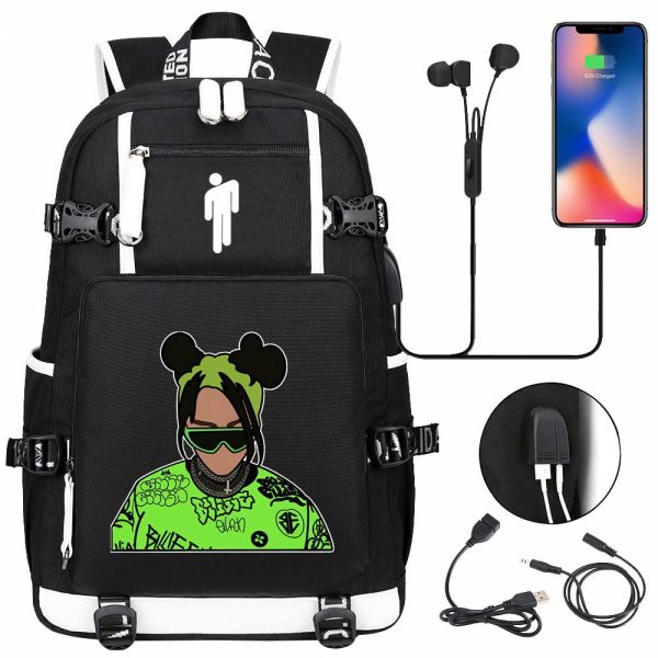 Billie Eilish USB headset youth student schoolbag men and women travel backpack - Image 10