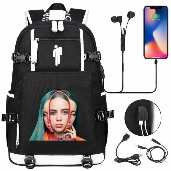 Billie Eilish USB headset youth student schoolbag men and women travel backpack - Image 12