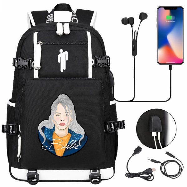 Billie Eilish USB headset youth student schoolbag men and women travel backpack - Image 14