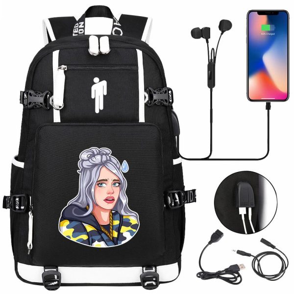 Billie Eilish USB headset youth student schoolbag men and women travel backpack - Image 18