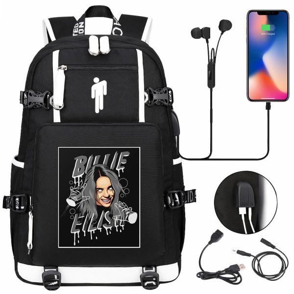 Billie Eilish USB headset youth student schoolbag men and women travel backpack - Image 19