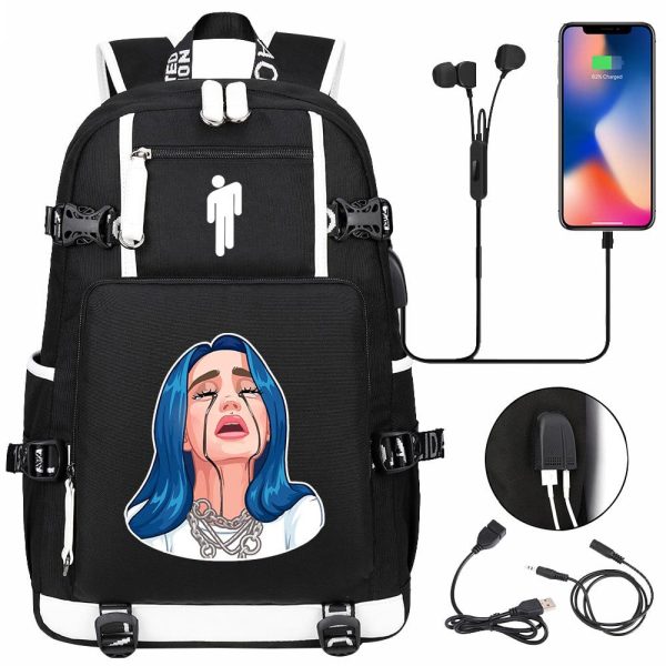 Billie Eilish USB headset youth student schoolbag men and women travel backpack - Image 2