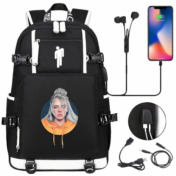 Billie Eilish USB headset youth student schoolbag men and women travel backpack - Image 20