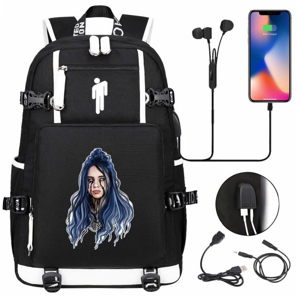 Billie Eilish USB headset youth student schoolbag men and women travel backpack - Image 3