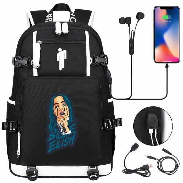 Billie Eilish USB headset youth student schoolbag men and women travel backpack - Image 4