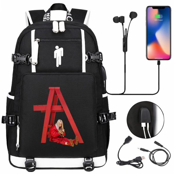 Billie Eilish USB headset youth student schoolbag men and women travel backpack - Image 5