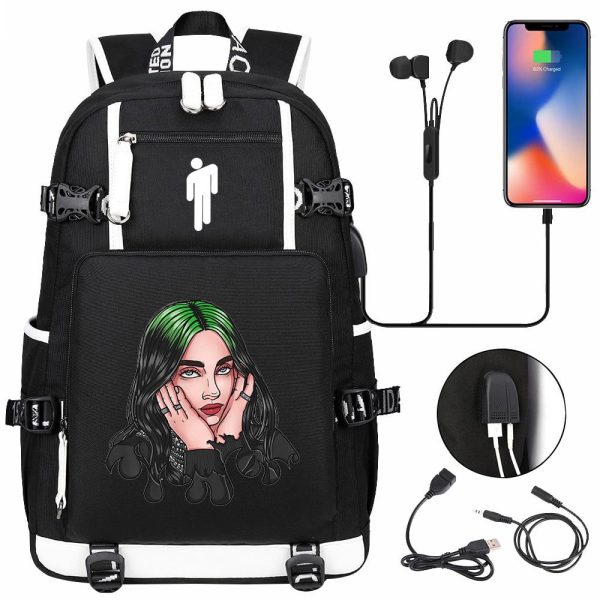 Billie Eilish USB headset youth student schoolbag men and women travel backpack - Image 6