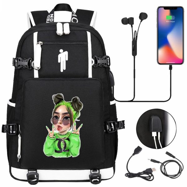 Billie Eilish USB headset youth student schoolbag men and women travel backpack - Image 7